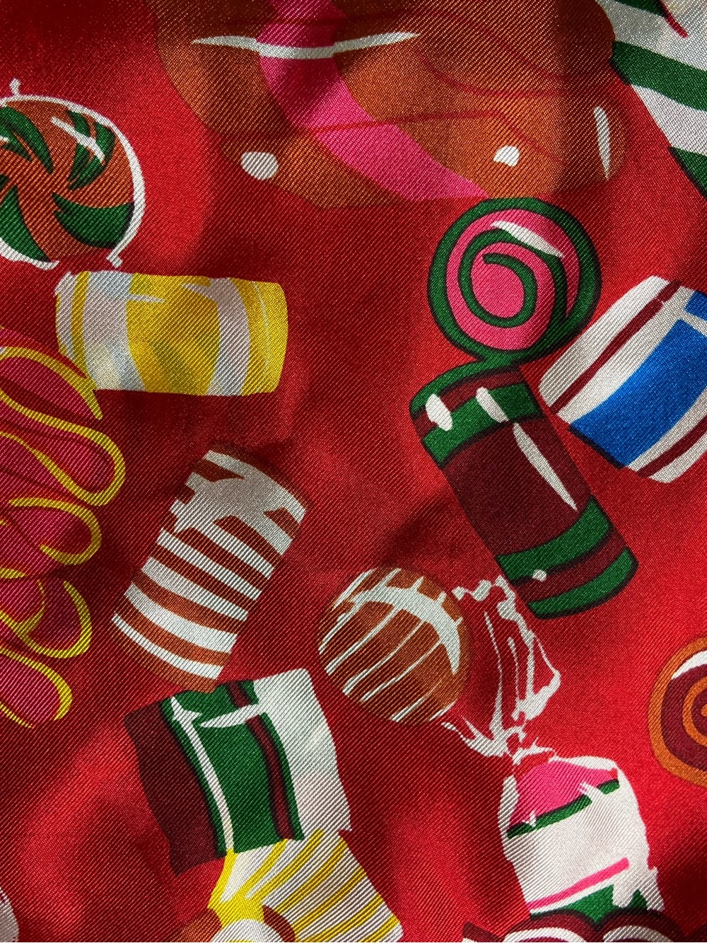 Vintage Perry Ellis Red Ribbon Hard Candy Print Novelty Silk Scarf Long